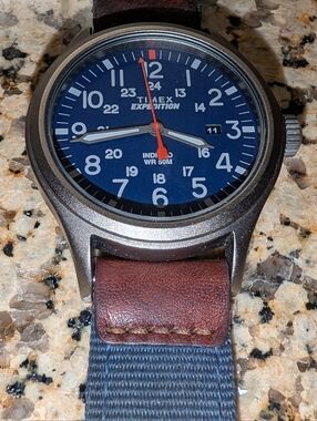 Timex Blue Dial Watch with Brown Leather and Navy Strap
